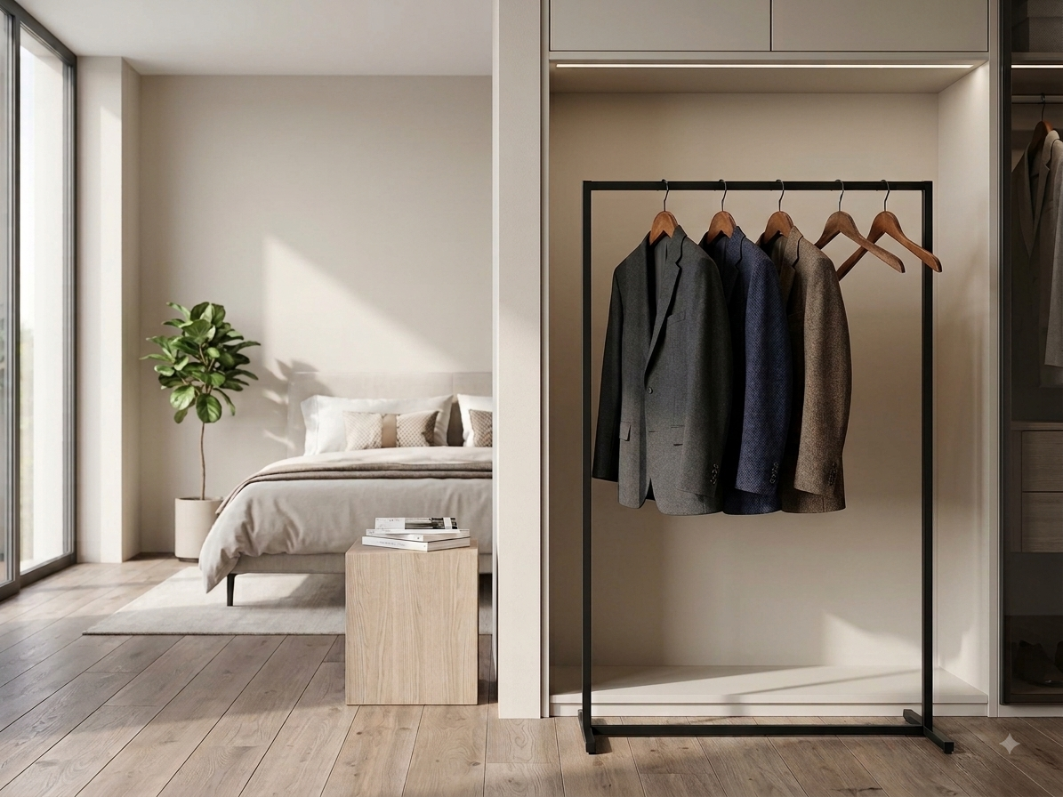 7236 Kleiderbügel im Kleiderschrank – Ambientebild, Massivholz Vintage braun